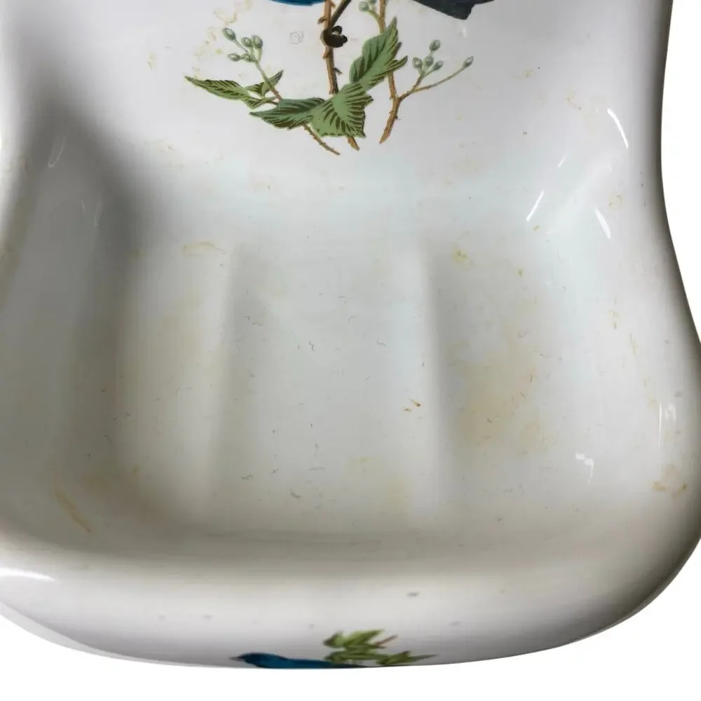Vintage Soap Dish Porcelain De Paris France Wall Hanging White Blue Bird